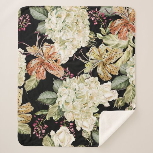 Wasserfarben-Hydrangeas-Lilien: Blumenmuster Sherpadecke (Vorderseite)