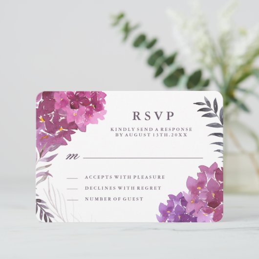Wasserfarben-Hydrangeas und Botanische RSVP-Karte RSVP Karte (Stehend Vorderseite)
