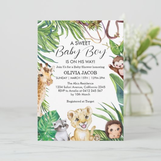 Wasserfarben Jungle Safari Tiere Boy Baby Dusche Einladung (Stehend Vorderseite)