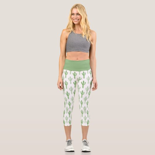 Wasserfarben-Kakteen-Muster Capri Leggings (Vorderseite)