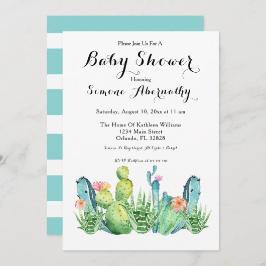 Wasserfarben-Kaktus Kinderdusche Einladung (Vorne/Hinten)