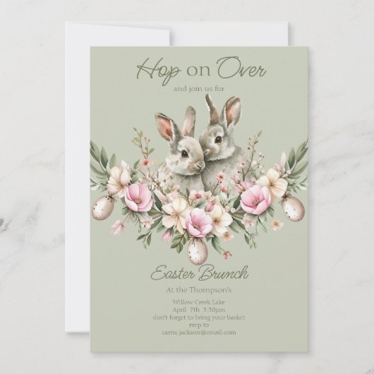 Wasserfarben Kaninchen Blumengebäck Osterbrunch Ei Einladung (Vorderseite)