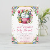 Wasserfarben Kaninchen Frühlingsblumen Babydusche Einladung (Stehend Vorderseite)