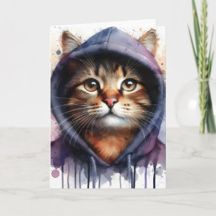 Wasserfarben-Katze in blauem lila Hoodie Splash Bl Karte