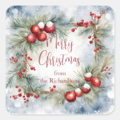 Wasserfarben-Kiefernkranz Rote Beeren Frohe Weihna Quadratischer Aufkleber (Vorderseite)