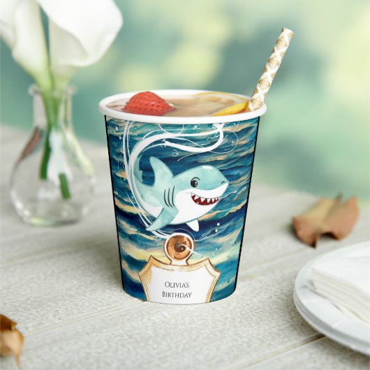 Wasserfarben Kinder Spaß Hai Geburtstag Pappbecher (In Situ)