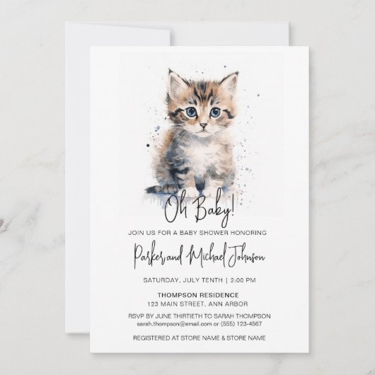 Wasserfarben-Kittengeschlecht - Neutrale Babydusch Einladung (Vorderseite)