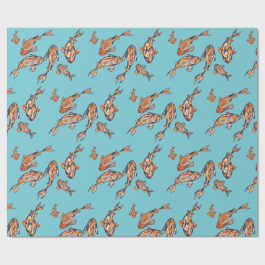 Wasserfarben-Koi-Fischmuster auf blauem Wrapping-P Geschenkpapier (Flach)