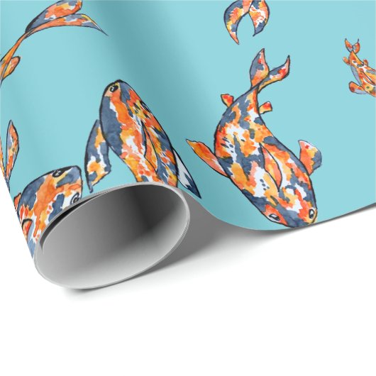 Wasserfarben-Koi-Fischmuster auf blauem Wrapping-P Geschenkpapier (Rolleneckpunkt)