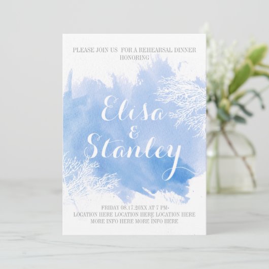 Wasserfarben Korallenriff Hochzeit Probe Abendesse Einladung (Stehend Vorderseite)