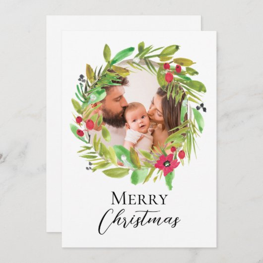 Wasserfarben Kranz Familie Foto Frohe Weihnachten (Vorne/Hinten)