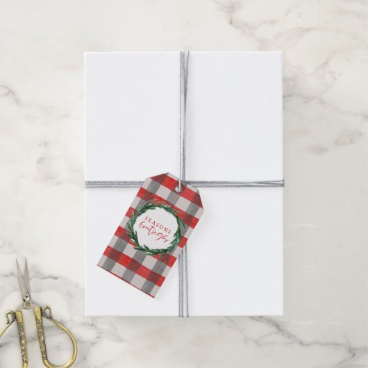 Wasserfarben-Kranz und Karo Weihnachten Geschenkanhänger (Mit Garn)