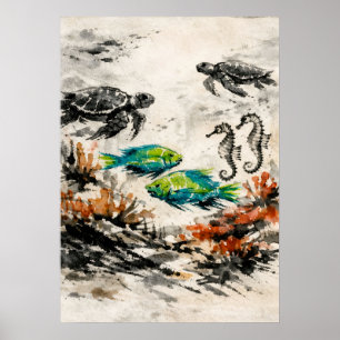 Wasserfarben-Kunst des Riff-Meereslebens mit Meere Poster