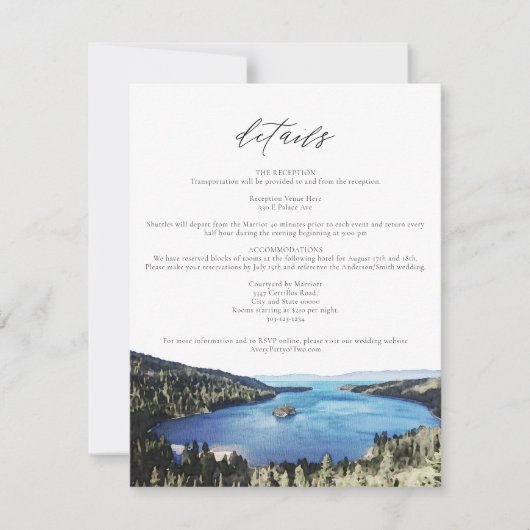 Wasserfarben Lake Tahoe Wedding Details Card Einladung (Vorderseite)