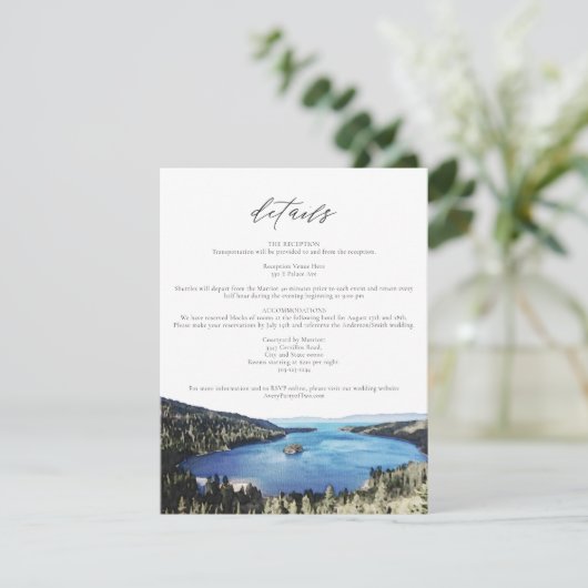 Wasserfarben Lake Tahoe Wedding Details Card Einladung (Stehend Vorderseite)