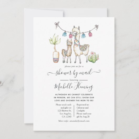 Wasserfarben Lama Babydusche mit dem Motto "Mail" Einladung (Vorderseite)