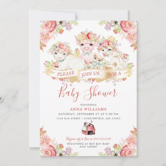 Wasserfarben Landtiere Babydusche Einladung (Vorderseite)