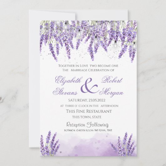 Wasserfarben Lavander Blume String Lights Hochzeit Einladung (Vorderseite)