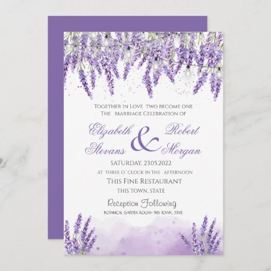 Wasserfarben Lavander Blume String Lights Hochzeit Einladung (Vorne/Hinten)