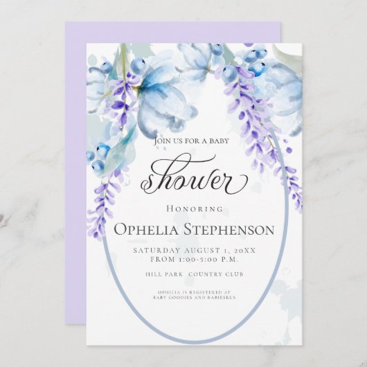 Wasserfarben-Lavendel-Dusche aus blauem Blumen Einladung (Vorne/Hinten)