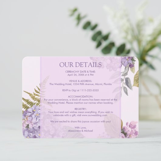 Wasserfarben-Lavendel-Hydrangea-Fern-Blätter Hochz Begleitkarte (Stehend Vorderseite)