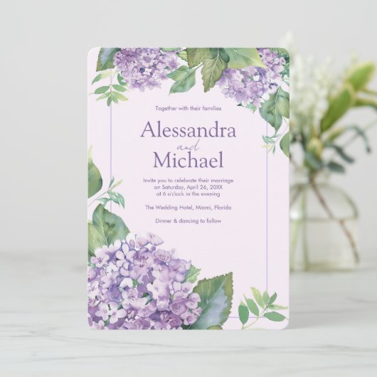 Wasserfarben-Lavendel-Hydrangea-Fern-Blätter Hochz Einladung (Stehend Vorderseite)