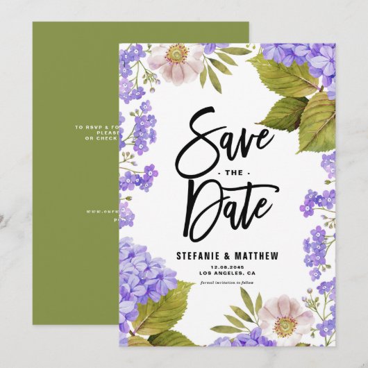 Wasserfarben-Lavendel-Hydrangea-QR-Code Save The Date (Vorne/Hinten)