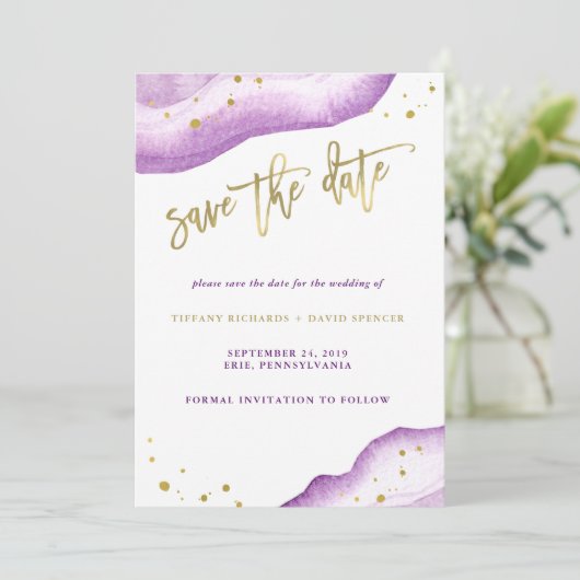 Wasserfarben-Lavendel und Goldgeode Save the Date (Stehend Vorderseite)