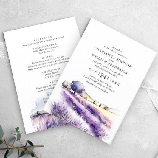 Wasserfarben-Lavendelfeld in einem Einladung