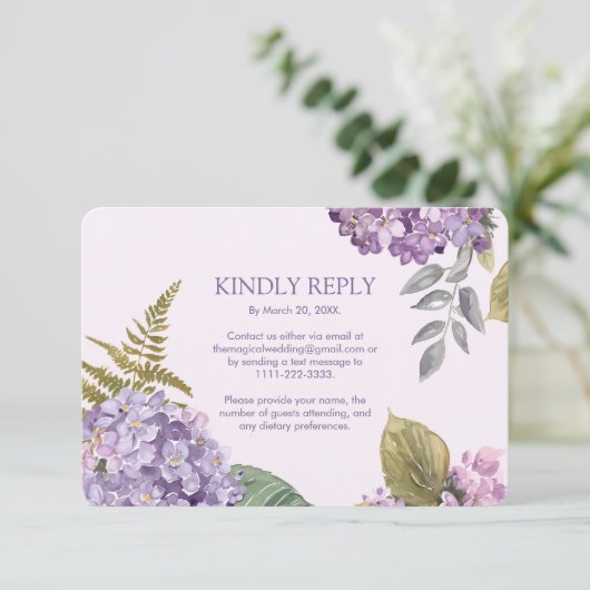 Wasserfarben Lavender Hydrangea Fern LeavesHochzei RSVP Karte (Stehend Vorderseite)