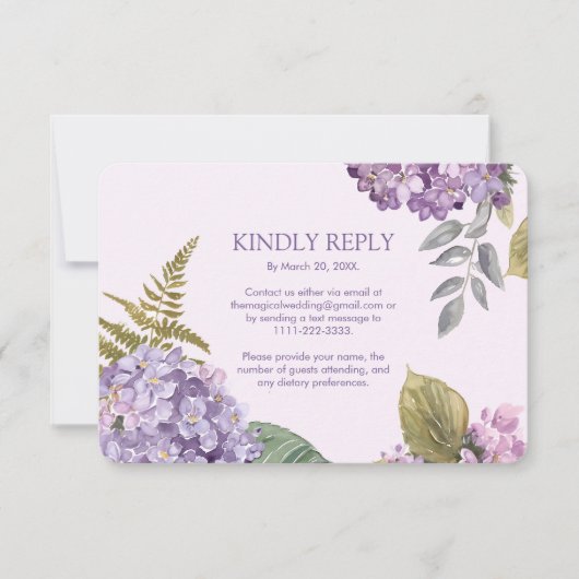 Wasserfarben Lavender Hydrangea Fern LeavesHochzei RSVP Karte (Vorderseite)