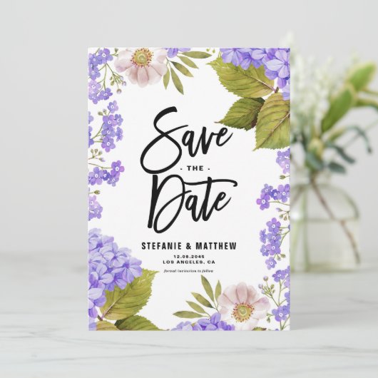 Wasserfarben Lavender Hydrangea Floral Save The Date (Stehend Vorderseite)