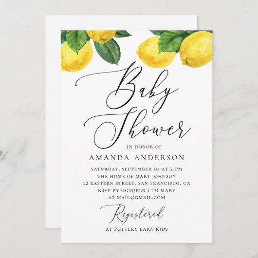 Wasserfarben-Lemon-Kinderdusche | Elegant Citrus Einladung (Vorne/Hinten)