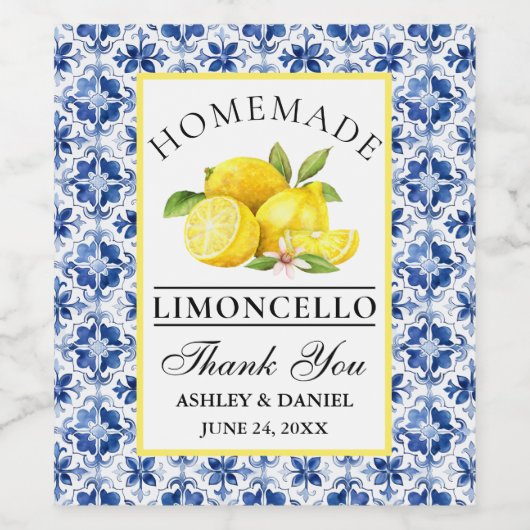 Wasserfarben Lemons Blauer Tile Limoncello Label Weinetikett (Einzelnes Label)
