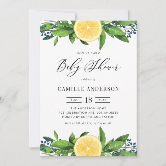 Wasserfarben Lemons Blue Berries Summer Baby Dusch Einladung (Vorderseite)