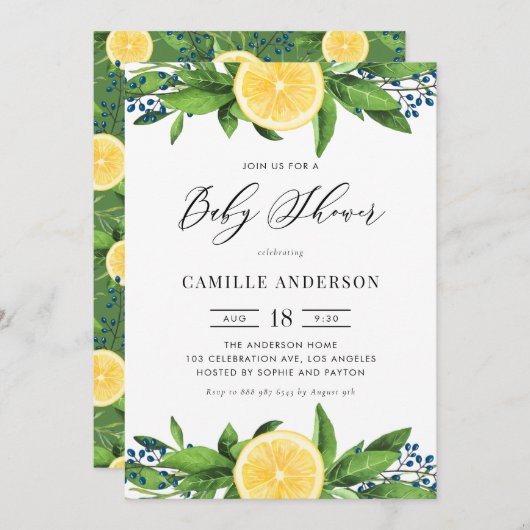 Wasserfarben Lemons Blue Berries Summer Baby Dusch Einladung (Vorne/Hinten)