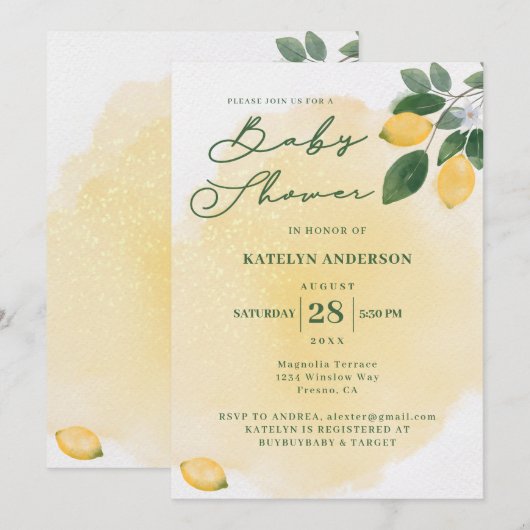 Wasserfarben Lemons Kinderdusche Einladung (Vorne/Hinten)