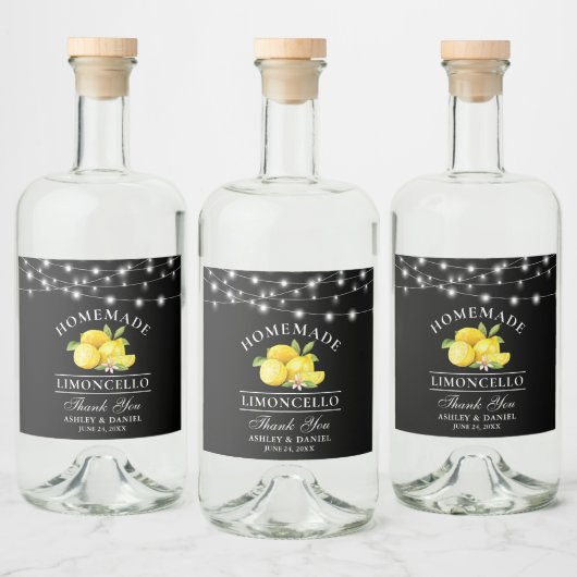 Wasserfarben Lemons Lights Black Limoncello Alkoholflaschenetikett (Flaschen)