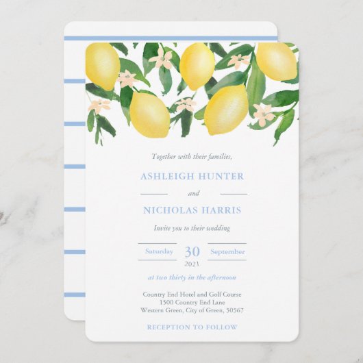 Wasserfarben Lemons Pulver Blue Accents Wedding Einladung (Vorne/Hinten)