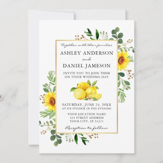 Wasserfarben Lemons Sonnenblumen Foto Hochzeit Einladung (Vorderseite)