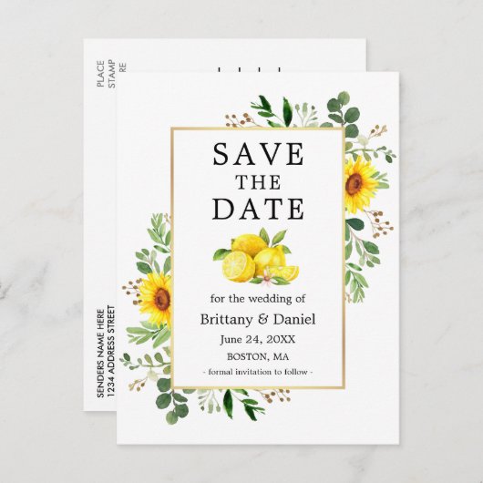 Wasserfarben Lemons Sonnenblumen Save the Date Postkarte (Vorne/Hinten)