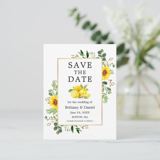 Wasserfarben Lemons Sonnenblumen Save the Date Postkarte (Stehend Vorderseite)