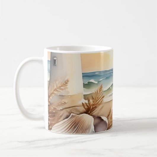 Wasserfarben Leuchtturm und Strand Kaffeetasse (Links)