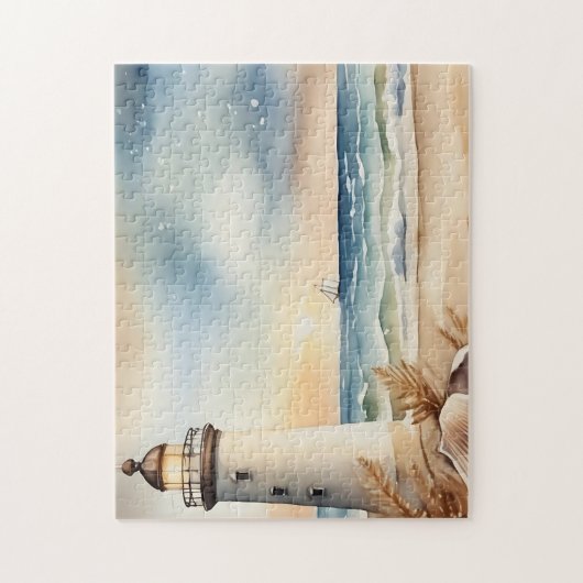 Wasserfarben Leuchtturm und Strand Puzzle (Vertikal)