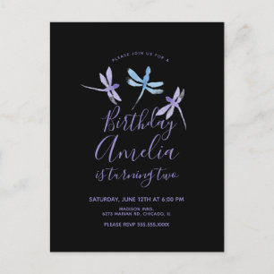 Wasserfarben-Libelle Lila Schwarze Geburtstagsfeie Postkarte
