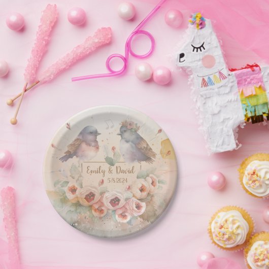 Wasserfarben lieben Vögel mit Rose für Hochzeiten Pappteller (Party)