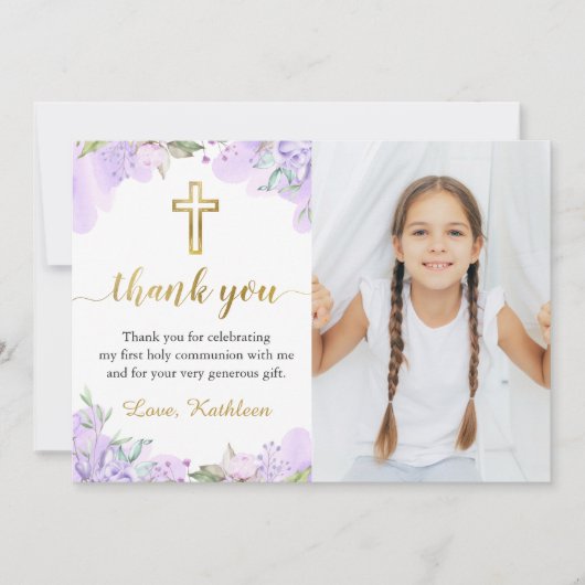 Wasserfarben Lila Blumenstrauß Erste Kommune Foto Dankeskarte (Vorderseite)