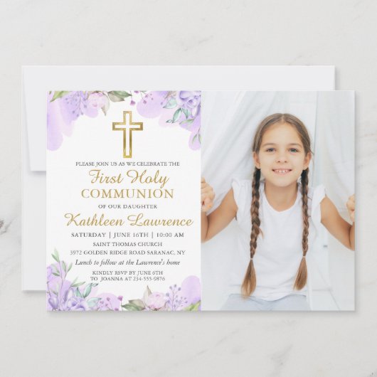 Wasserfarben Lila Blumenstrauß Erste Kommune Foto Einladung (Vorderseite)