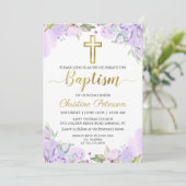 Wasserfarben Lila Blütengold-Script-Girl Taufe Einladung (Stehend Vorderseite)