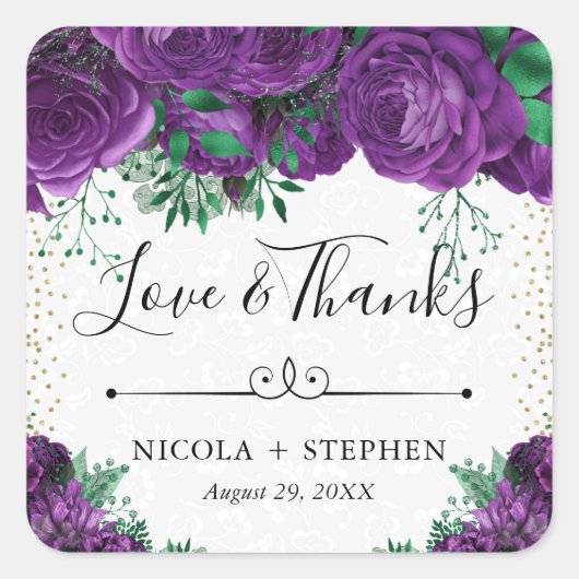 Wasserfarben Lila Glam Rose Hochzeit Quadratischer Aufkleber (Vorderseite)